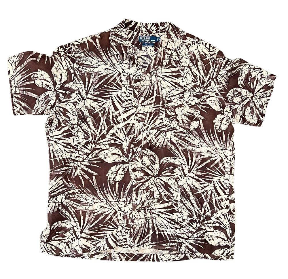 POLO RALPH LAUREN Mens L CLAYTON Silk & Linen Hawaiian Shirt Button SS Camp